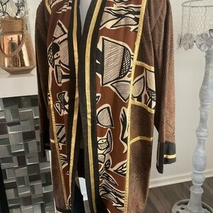 Vintage open front coat, brown, black, gold, 3X, bohemian print (?)